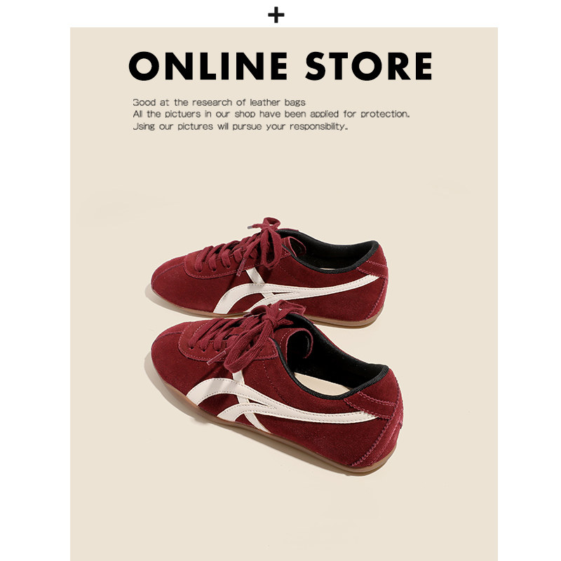 真皮~红色德训鞋女2025新款秋冬百搭平底休闲运动板鞋复古阿甘鞋主图