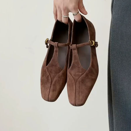 羊皮版~法式复古文艺气质粗跟玛丽珍鞋女一字带方头镂空绒面单鞋