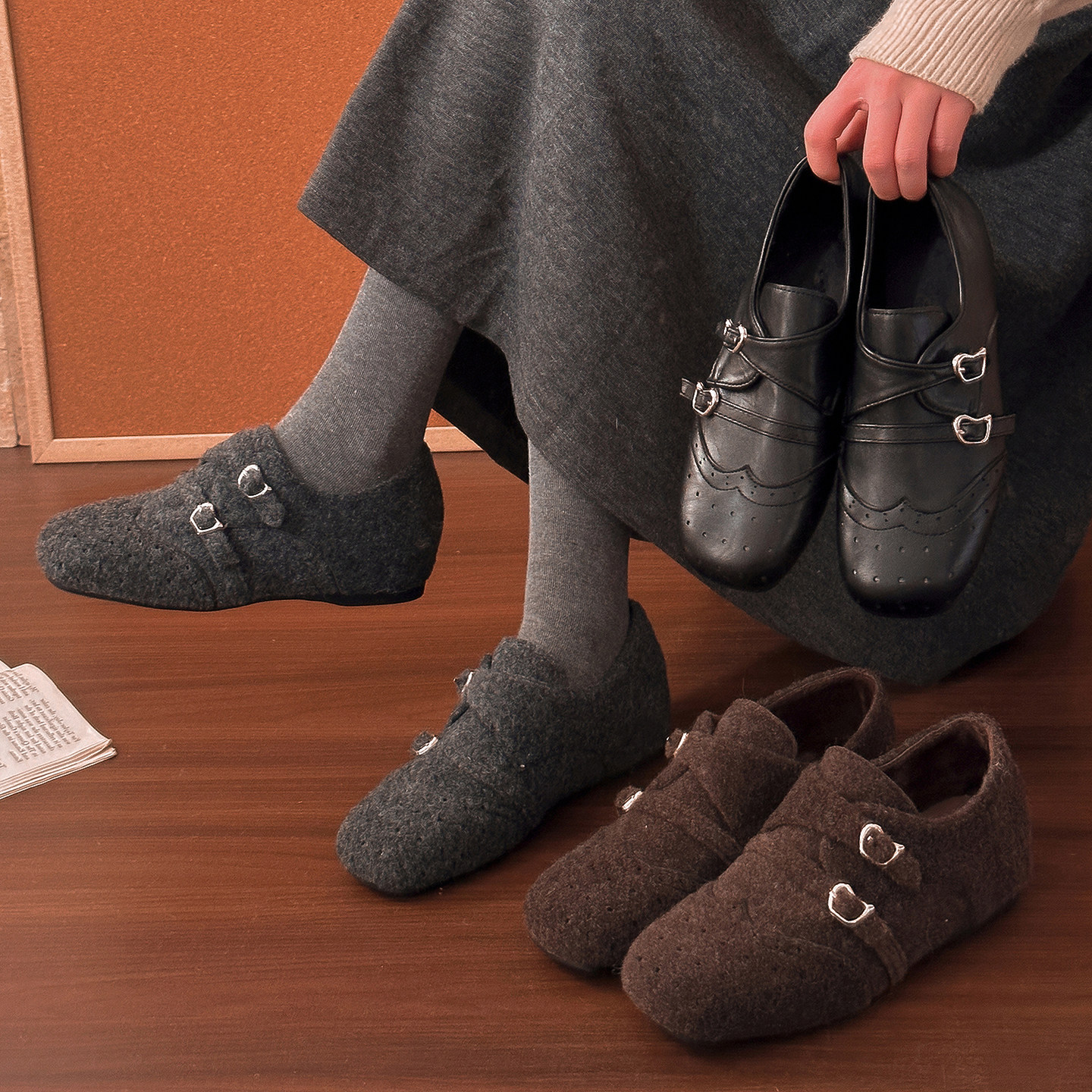 4CM内增高布洛克小皮鞋女冬季新款复古一脚蹬毛毛加绒棉勃肯鞋子主图