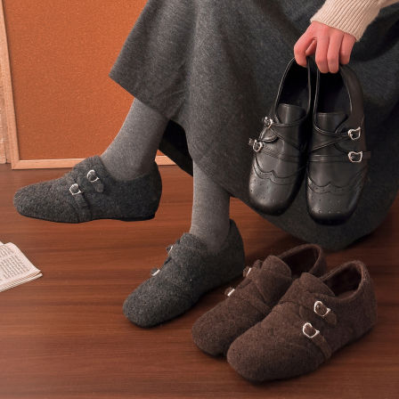 4CM内增高布洛克小皮鞋女冬季新款复古一脚蹬毛毛加绒棉勃肯鞋子