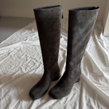 牛皮版~不过膝时尚粗跟骑士靴女圆头后拉链显瘦大宽筒磨砂皮长靴