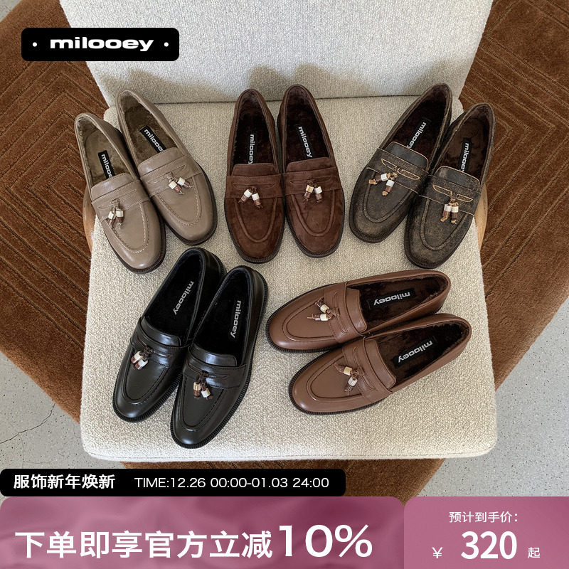 迷失麋鹿【海莉串珠乐福鞋】英伦风百搭小皮鞋一脚蹬加绒乐福鞋女主图