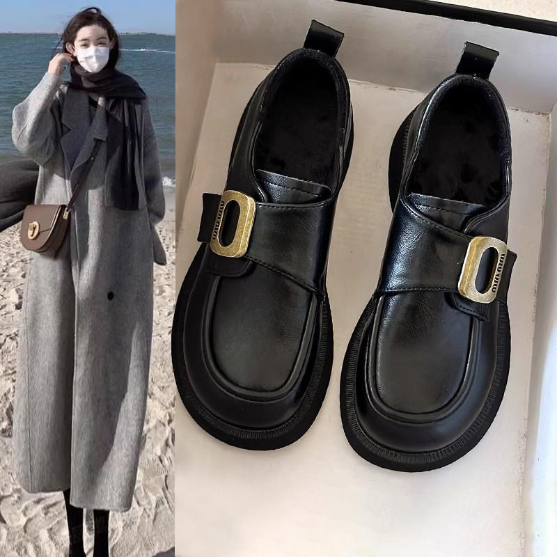 英国真皮厚底加绒乐福鞋女款秋冬2025新款英伦风黑色单鞋小皮鞋子主图