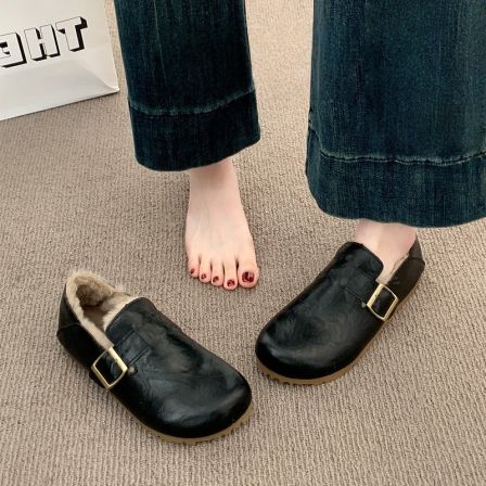 英国真皮全包勃肯鞋女秋冬2025新款一脚蹬加绒保暖豆豆棉鞋小皮鞋