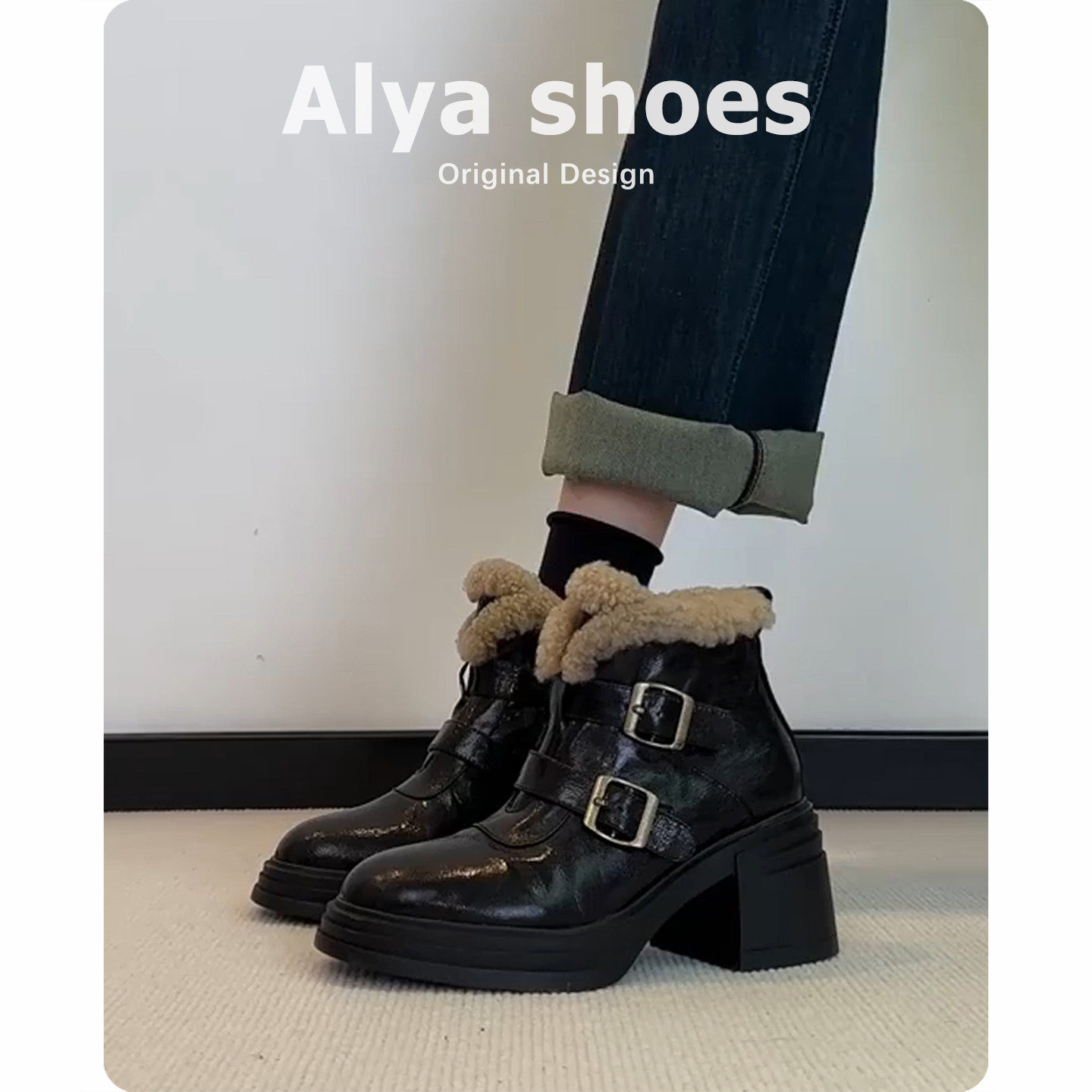 牛皮版~真皮粗高跟加绒短靴女英伦风厚底马丁靴通勤保暖雪地靴子主图