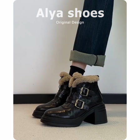 牛皮版~真皮粗高跟加绒短靴女英伦风厚底马丁靴通勤保暖雪地靴子