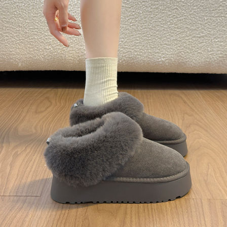 厚底雪地靴女2025新款冬季灰色东北半拖一脚蹬毛毛加绒保暖大棉鞋