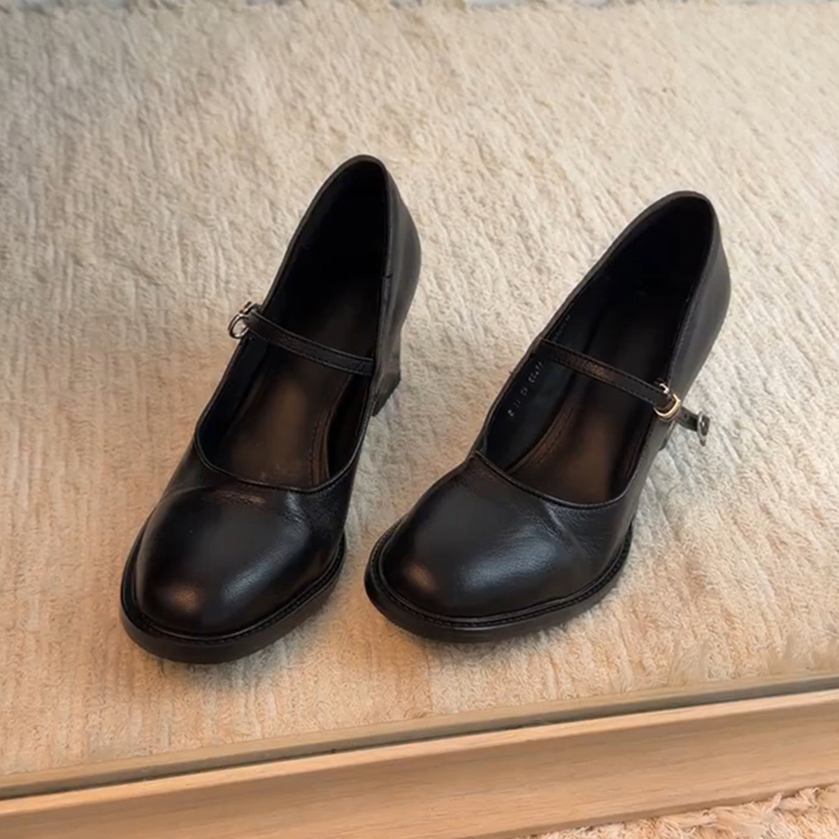 羊皮版~黑色通勤高跟鞋女一字带极简气质玛丽珍鞋简约真皮小皮鞋主图