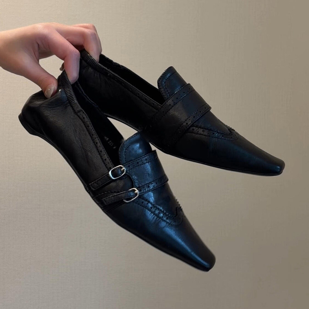 羊皮版~英伦老钱风布洛克乐福鞋女双扣带小皮鞋百搭内增高单鞋潮主图