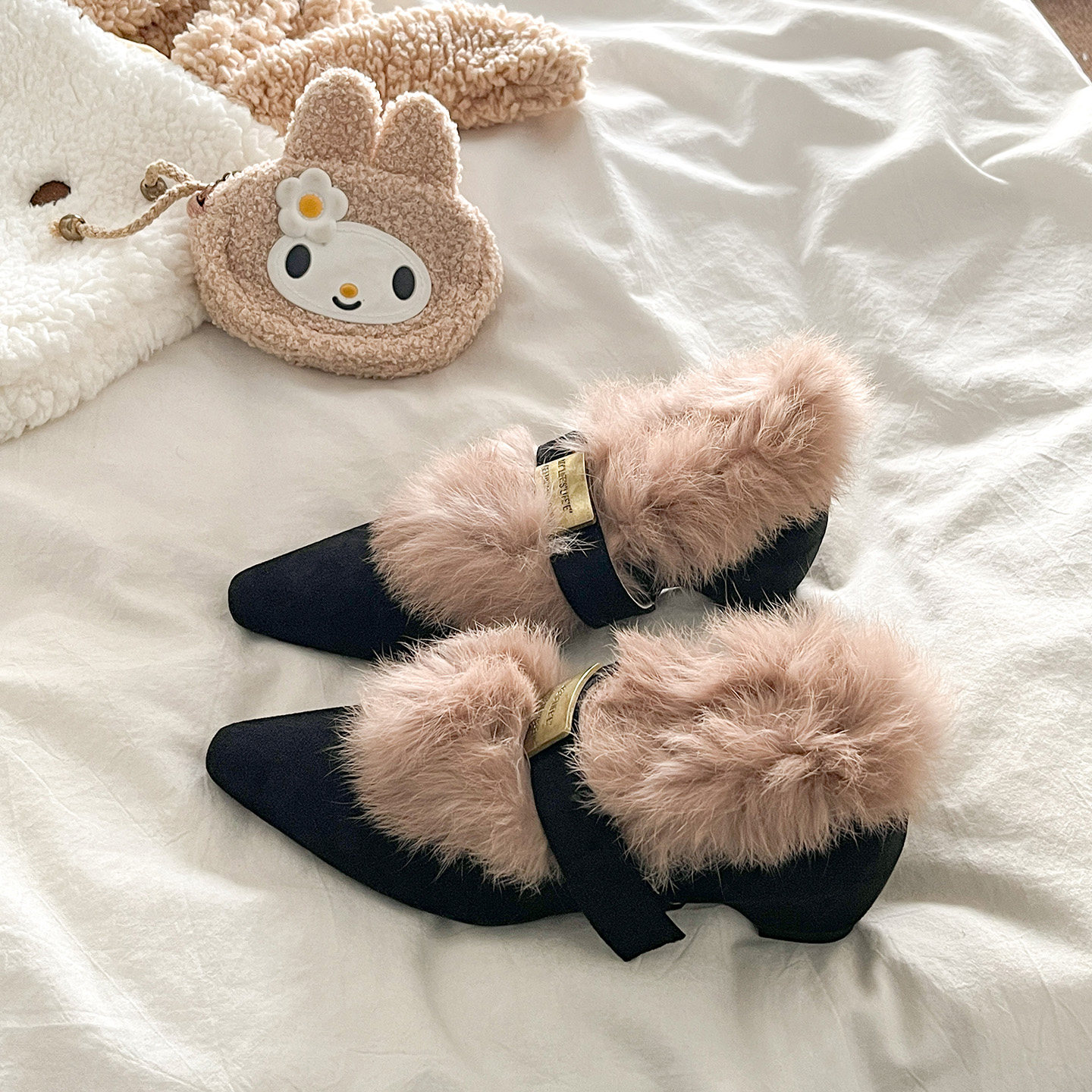 内增高6cm法式尖头加绒毛毛鞋女2025秋冬新款外穿粗跟玛丽珍棉鞋主图