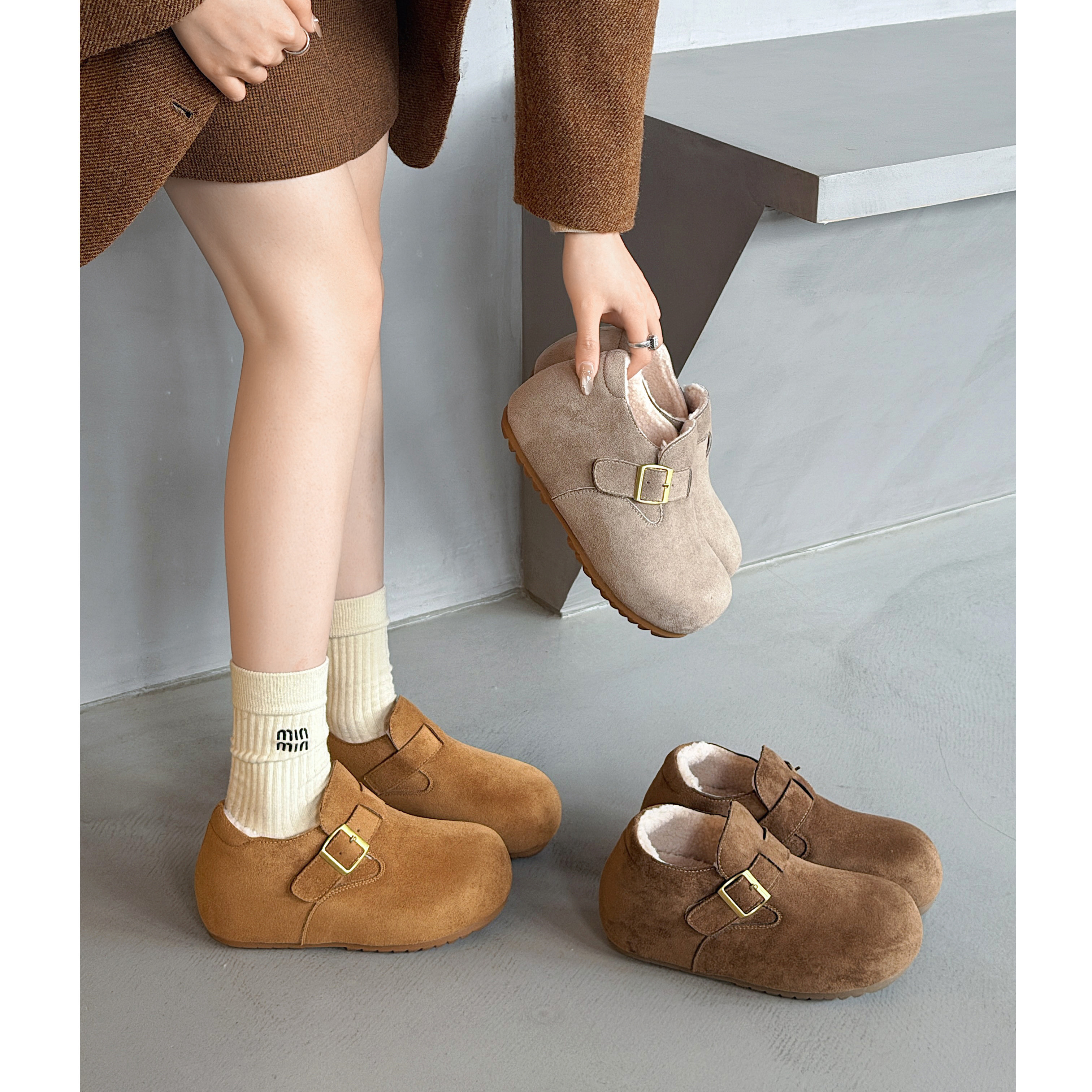 6cm内增高勃肯鞋女真皮秋冬加绒全包厚底外穿增高博肯鞋毛毛棉鞋主图