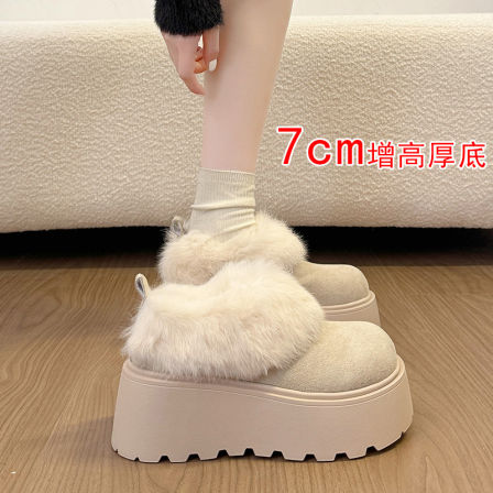 厚底增高加绒白色雪地靴勃肯鞋毛毛鞋女2025新款冬季小个子乐福鞋