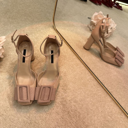 羊皮版~法式气质方扣高跟鞋一字扣带包头凉鞋粗跟性感中空单鞋女