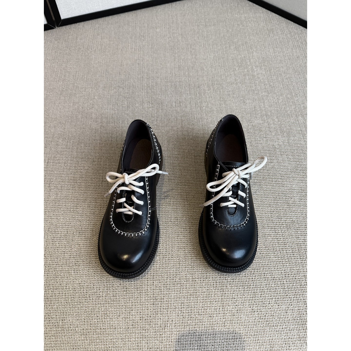 非侈Feichi 里昂小姐~3cm/真皮圆头系带小皮鞋女拼色中粗跟单鞋主图