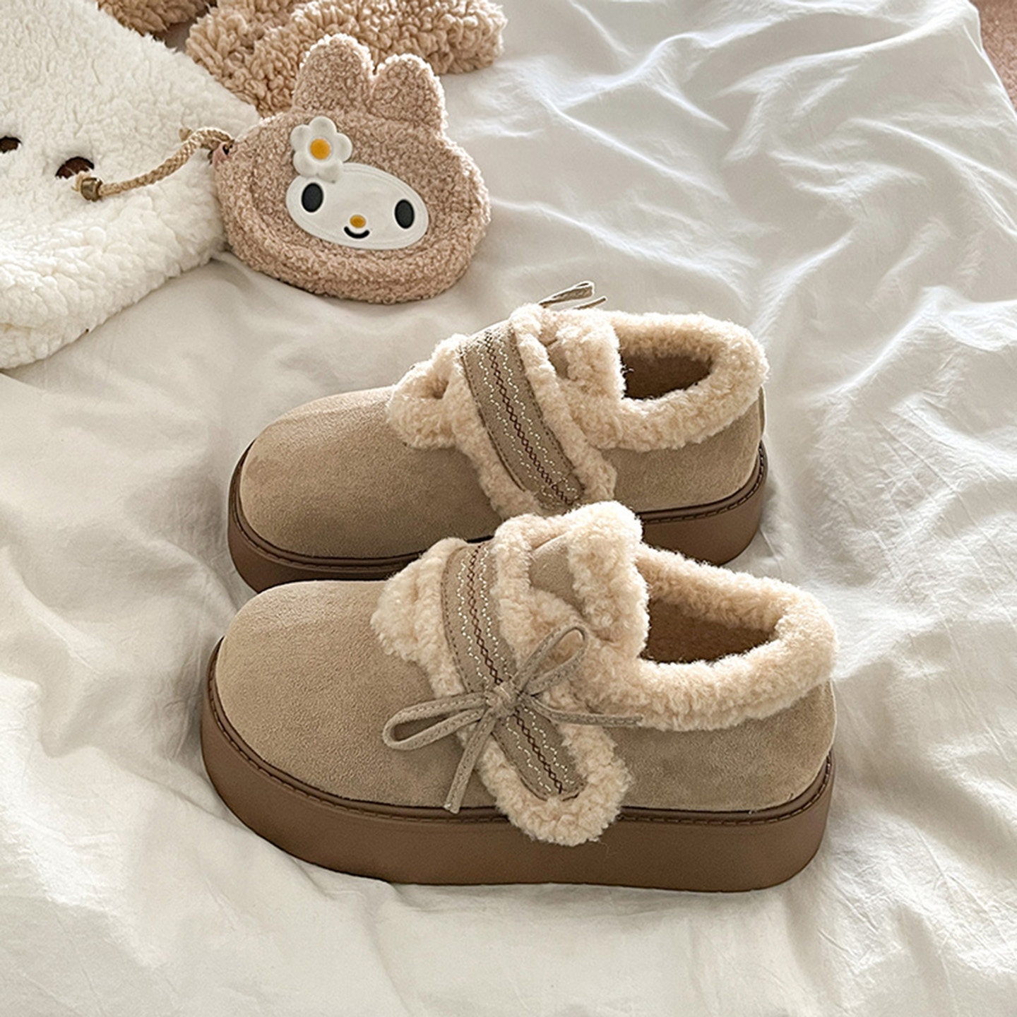 复古增高厚底加绒保暖勃肯鞋女2025冬季新款雪地靴魔术贴毛毛棉鞋主图