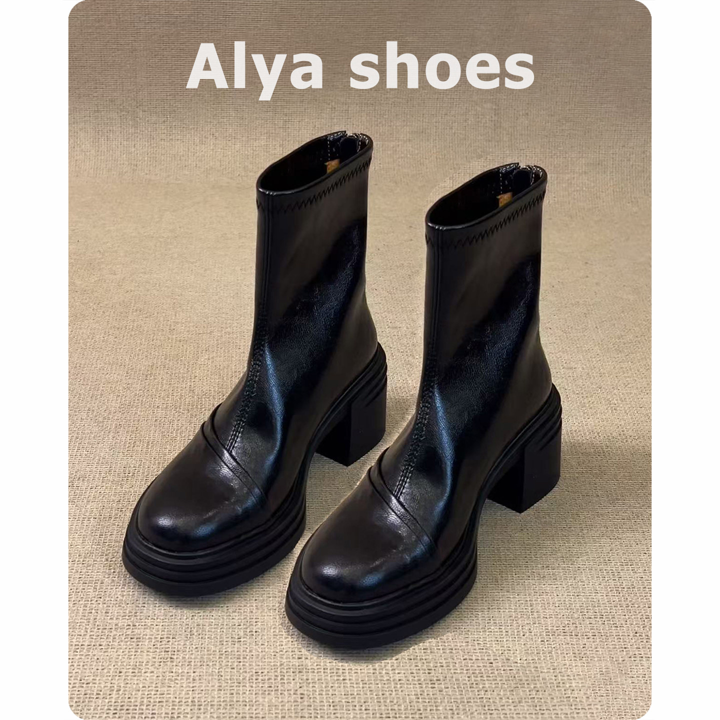 羊皮版~法式高跟瘦瘦靴女厚底增高防水台通勤显瘦短靴气质马丁靴主图