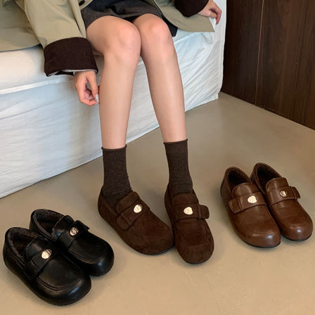 羊皮版~可爱丑萌一脚蹬深口厚底乐福鞋女秋冬加绒保暖内增高棉鞋