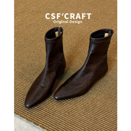 牛皮版~法式气质韩系坡跟瘦瘦靴平底百搭小短靴女低跟2cm尖头靴子