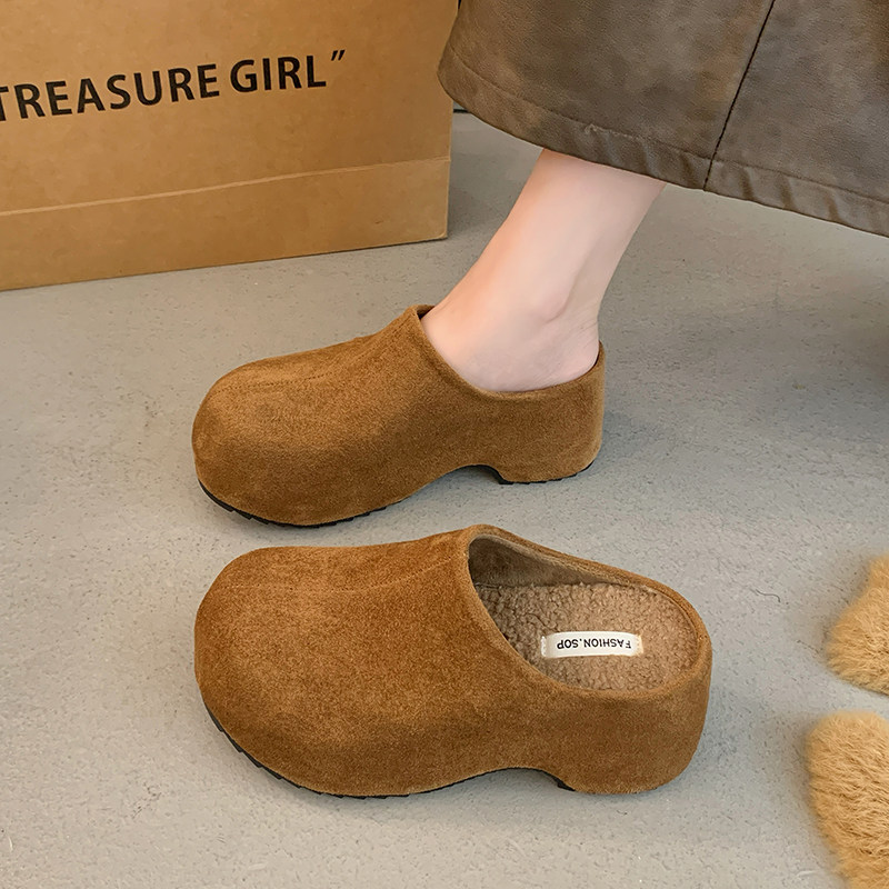 厚底内增高包头勃肯半拖鞋女外穿2025秋冬新款一脚蹬加绒毛毛棉拖主图