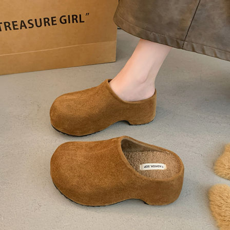 厚底内增高包头勃肯半拖鞋女外穿2025秋冬新款一脚蹬加绒毛毛棉拖