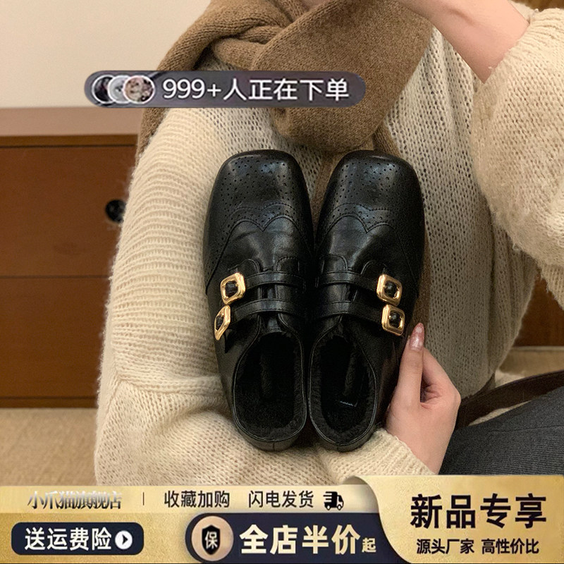 内增高加绒单鞋女2025冬季新款英伦风黑色乐福小皮鞋保暖勃肯棉鞋主图