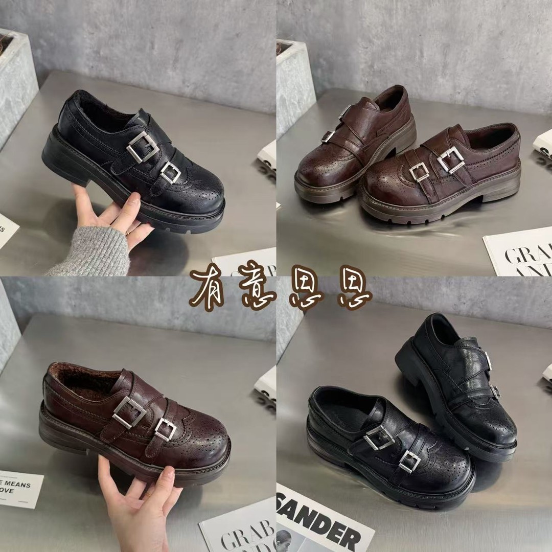 有意思思女鞋“巴洛克”真皮英伦风小皮鞋女百搭鞋子黑色加绒乐福鞋主图