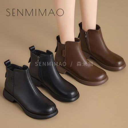 靴子女2025秋冬新款防滑平跟百搭英伦工作鞋保暖小皮鞋平底时装靴