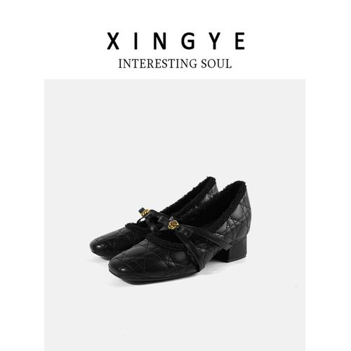 SENYU 7CM增高新款厚底玛丽珍鞋女黑色山茶花超火加绒浅口单鞋子主图