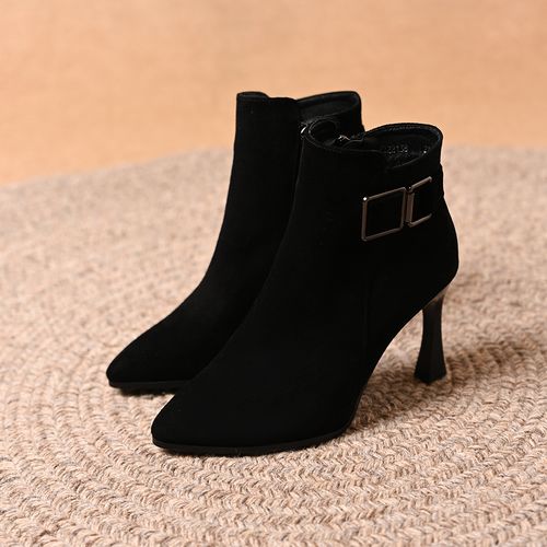 真皮羊皮气质尖头短靴女2025秋冬新款百搭磨砂皮侧拉链细跟高跟鞋主图