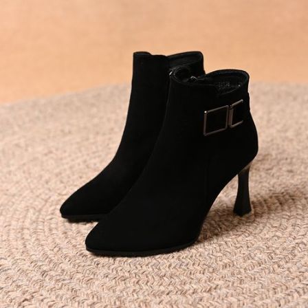 真皮羊皮气质尖头短靴女2025秋冬新款百搭磨砂皮侧拉链细跟高跟鞋