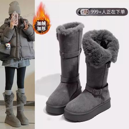 2025冬季新款时尚雪地靴女款冬季可折翻雪地靴棉鞋平底筒靴子加绒
