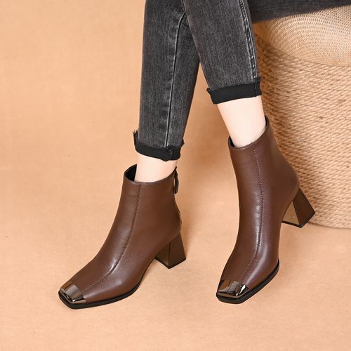 英伦风金属方头后拉链粗跟瘦瘦靴女2025新款显瘦高跟炸街短靴时装主图