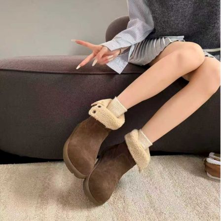 慵懒复古风冬爆款聚会时尚百搭保暖翻折两穿加绒女士勃肯短靴4121