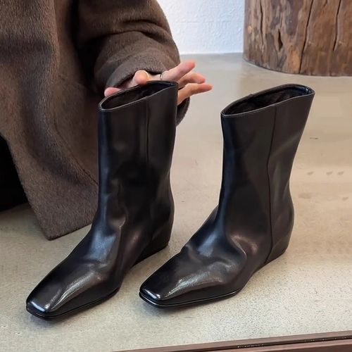 牛皮版~气质方头显瘦简约宽筒骑士靴女高级感中筒靴子主图