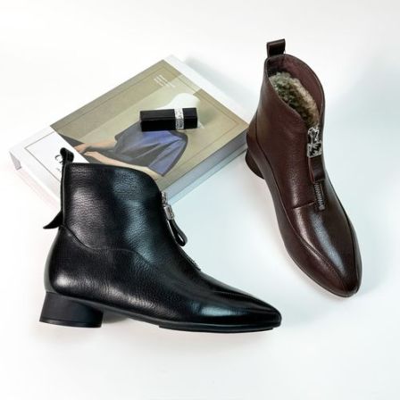 〔艾尚周〕3CM低跟时装靴时尚百搭真皮粗跟羊羔毛秋冬休闲英伦风