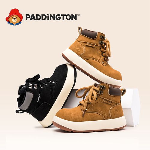 帕丁顿熊儿童男女通用侧拉链皮革拼接童靴冬季高帮棉鞋加绒PD889主图