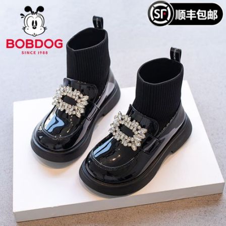 巴布豆女童鞋公主袜靴秋冬季新款黑色加绒马丁靴儿童软底jk皮短靴