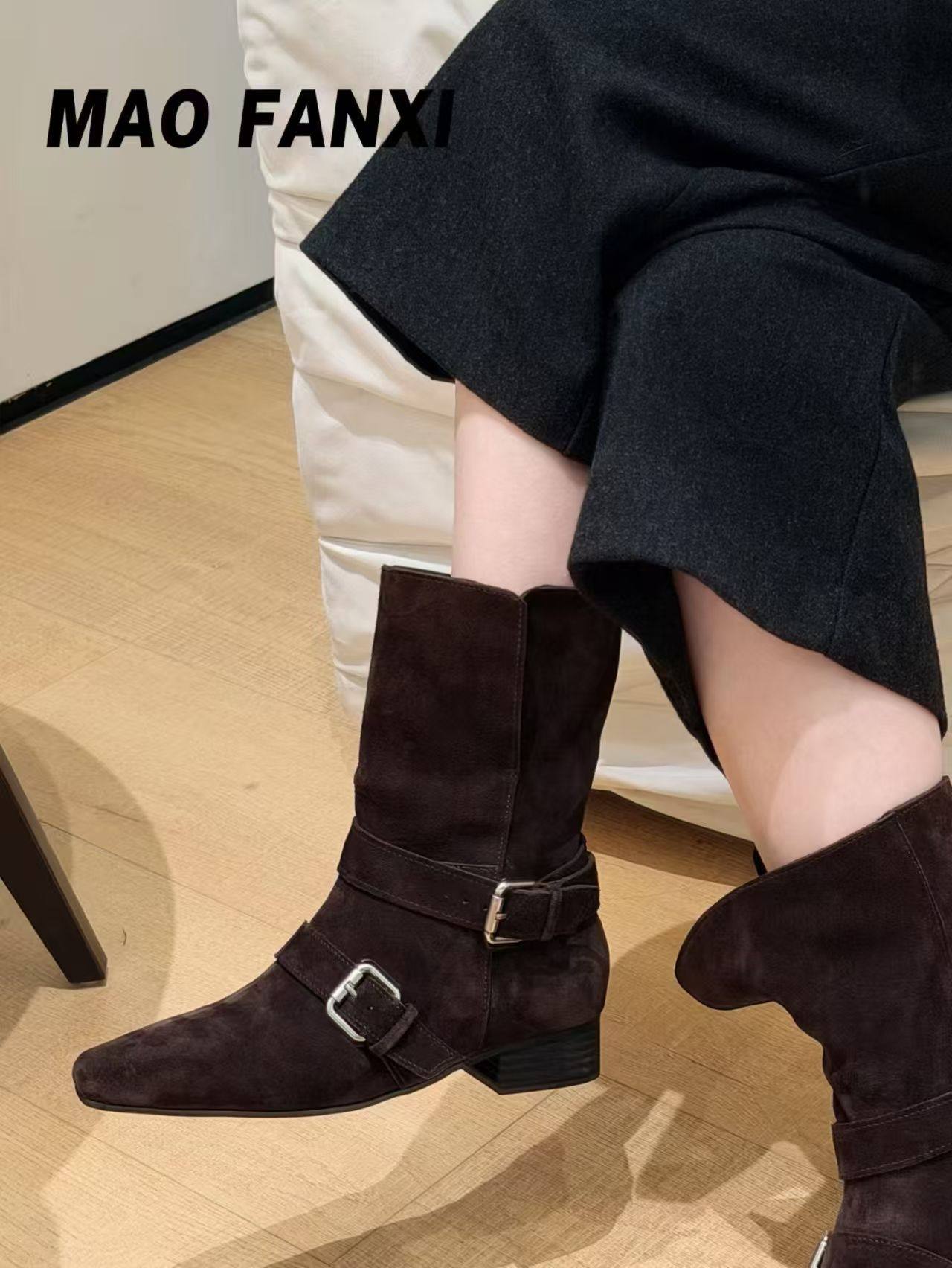 MFX 真皮复古法式短靴小方头西部靴绒面中筒靴女靴子9-302主图