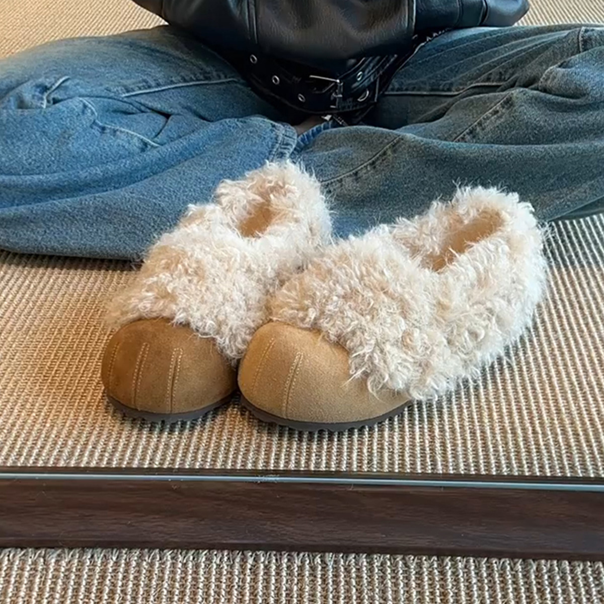 羊皮版~圆头丑萌小众勃肯鞋女一脚蹬磨砂皮保暖外穿厚底毛毛棉鞋主图