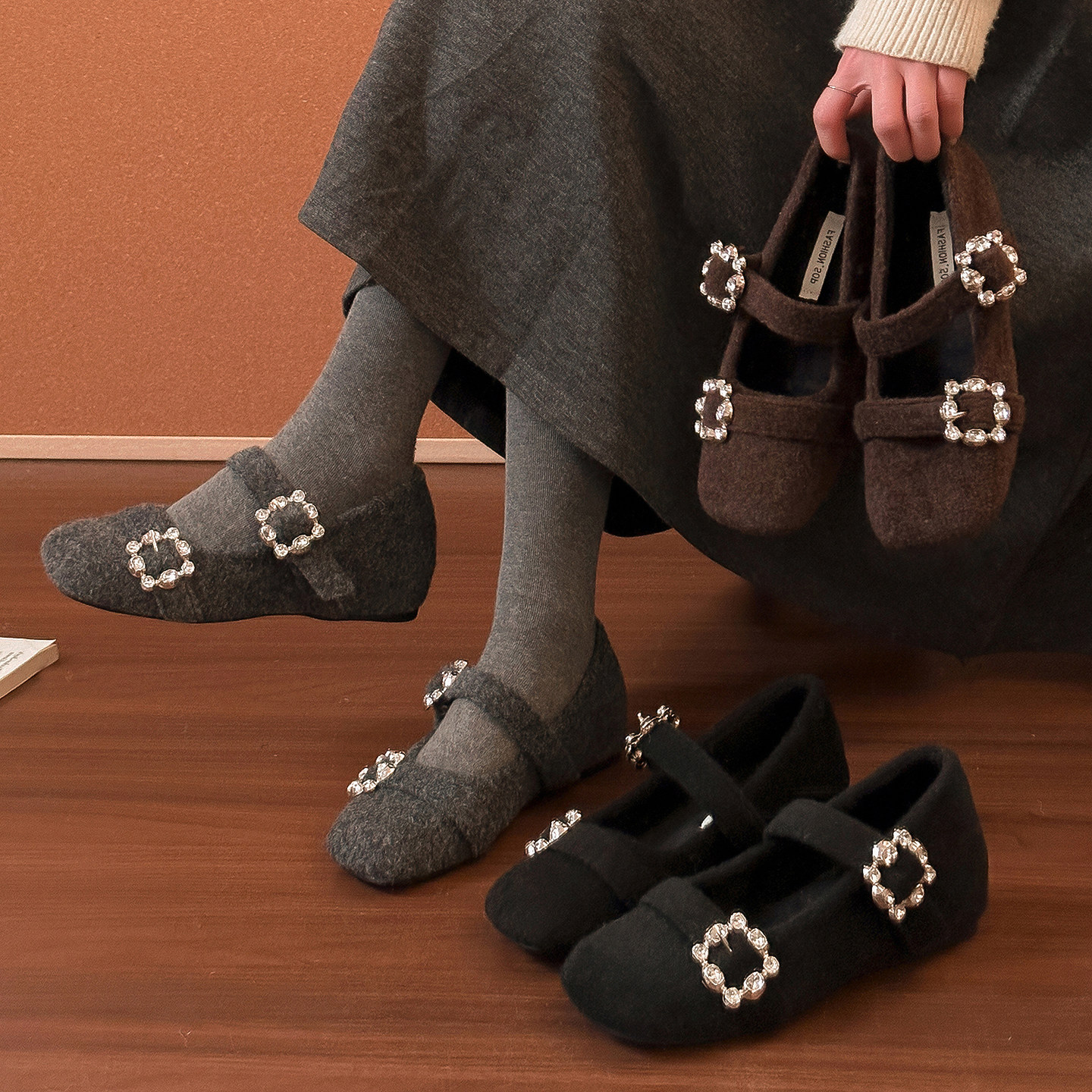 4CM内增高水钻毛毛鞋女冬季新款温柔晚风灰色玛丽珍单鞋加绒棉鞋主图