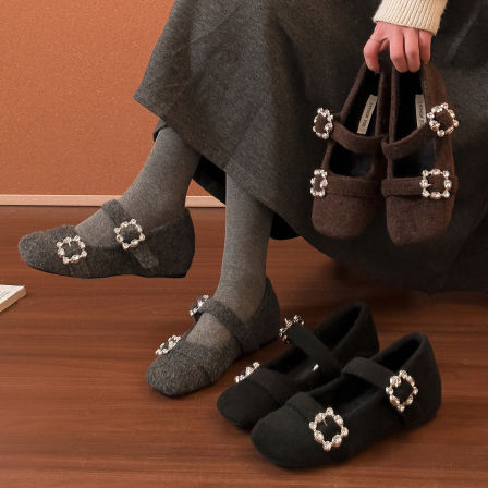 4CM内增高水钻毛毛鞋女冬季新款温柔晚风灰色玛丽珍单鞋加绒棉鞋