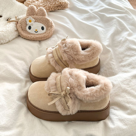 复古米色厚底加绒保暖勃肯鞋女2025冬季新款圆头魔术贴毛毛棉鞋子