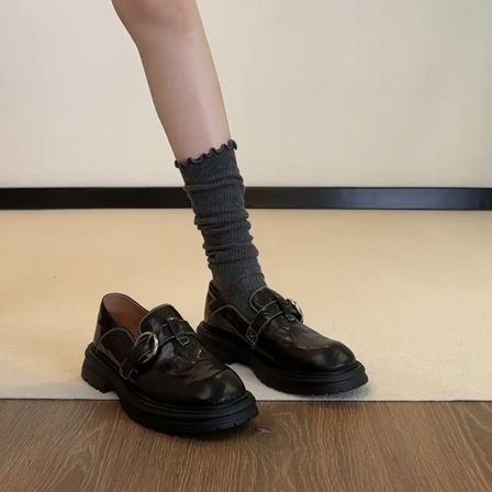 羊皮版~一脚蹬皮带扣深口乐福单鞋女圆头百搭厚底通勤时尚小皮鞋