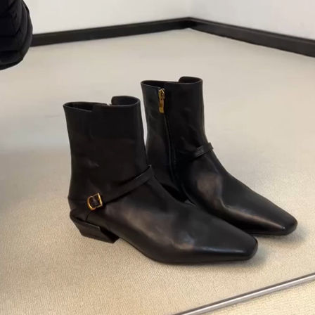 牛皮版~时髦小众真皮复古粗跟方头短筒靴女通勤舒适不累脚时装靴