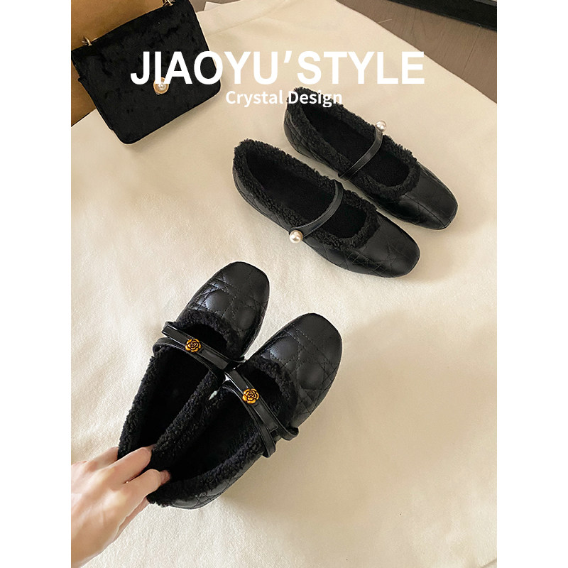 真皮~骄屿山茶花加绒玛丽珍鞋女秋冬新款小香风菱格珍珠毛毛单鞋主图