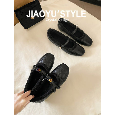 真皮~骄屿山茶花加绒玛丽珍鞋女秋冬新款小香风菱格珍珠毛毛单鞋