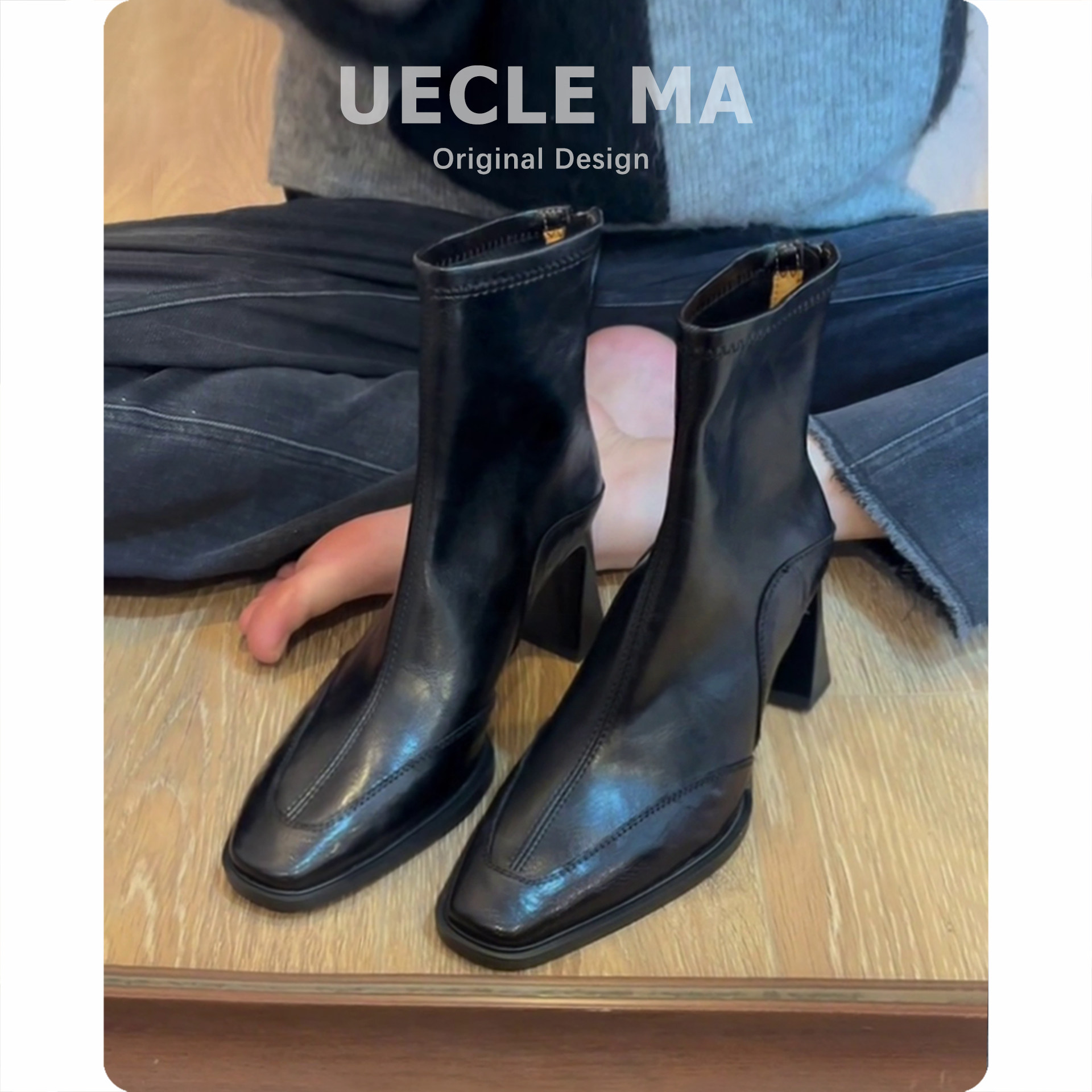 小羊皮~巨好看靴子~高跟气质短靴女秋冬新款马丁靴粗跟法式瘦瘦靴主图