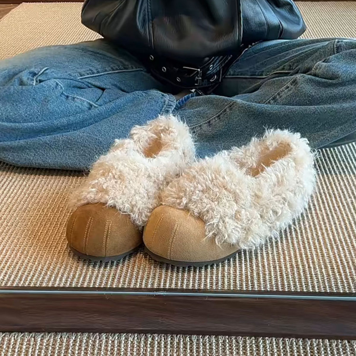 羊皮版~丑萌甜酷温柔小众保暖毛毛鞋女一脚蹬通勤外穿百搭豆豆鞋主图