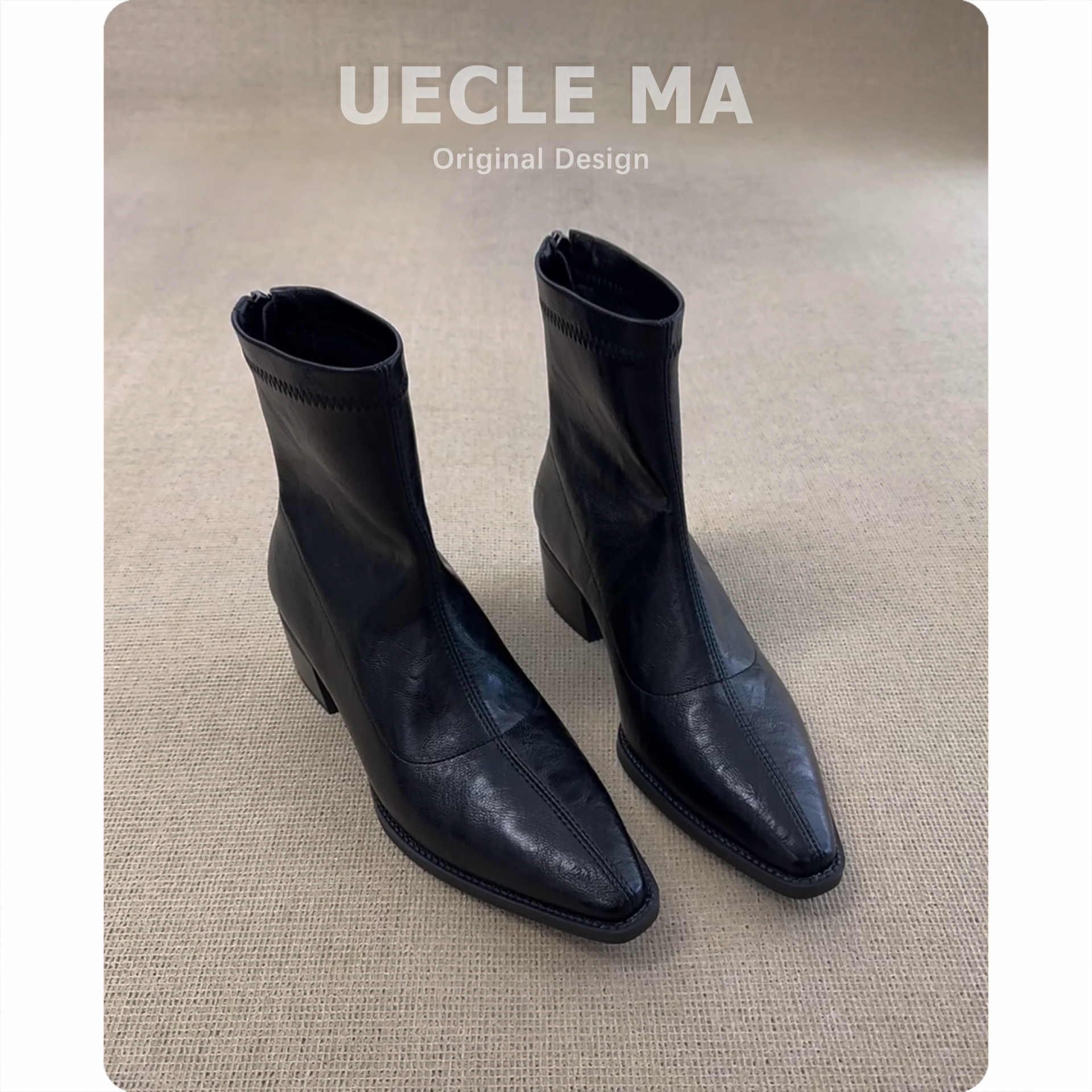 牛皮版~尖头洋派短靴女秋冬新款黑色马丁靴粗跟小个子法式瘦瘦靴主图