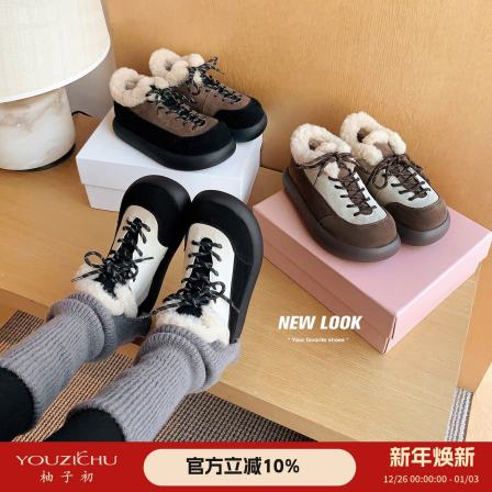 柚子初毛毛鞋女2025冬季新款加绒系带厚底系带绒面英伦风小皮鞋潮